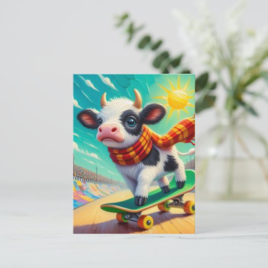Carte Postale Adorable Mini-Vache Skateboard (Debout devant)