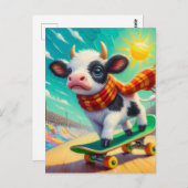 Carte Postale Adorable Mini-Vache Skateboard (Devant / Derrière)
