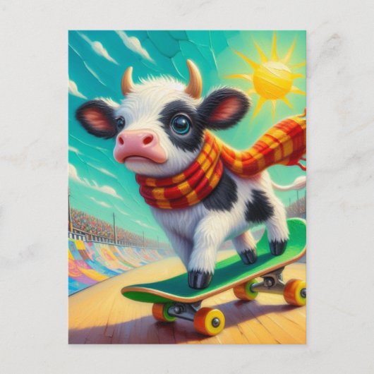 Carte Postale Adorable Mini-Vache Skateboard (Devant)