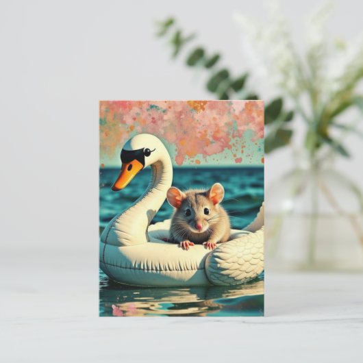 Carte Postale Adorable Mouse on a Swan Float (Debout devant)