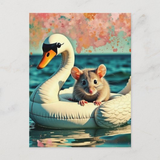 Carte Postale Adorable Mouse on a Swan Float (Devant)