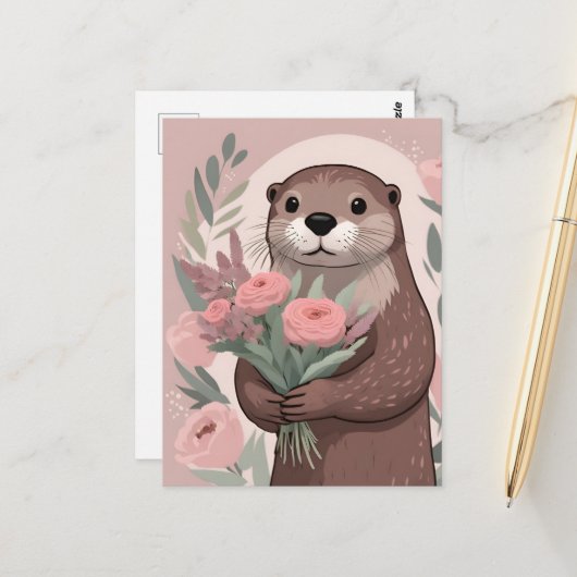 Carte Postale Adorable Otter Boho Fleurs (Devant/Arrière en situation)