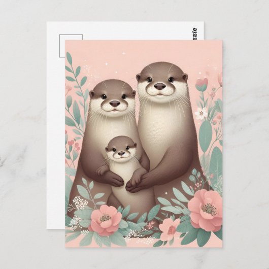 Carte Postale Adorable Otter Boho rose maman papa et bébé (Devant / Derrière)