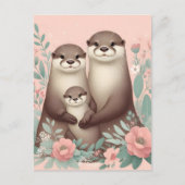 Carte Postale Adorable Otter Boho rose maman papa et bébé (Devant)