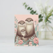 Carte Postale Adorable Otter Boho rose Rose Maman Papa et bébé (Debout devant)