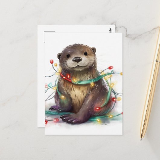 Carte Postale Adorable Otter Christmas Lights AI Art (Devant/Arrière en situation)