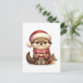 Carte Postale Adorable Otter de Noël à Santa Hat avec présent (Debout devant)