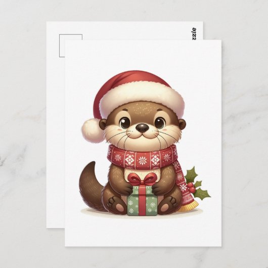 Carte Postale Adorable Otter de Noël à Santa Hat avec présent (Devant / Derrière)