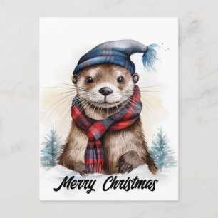 Carte Postale Adorable Otter de Noël Casquette bleu Écharpe roug