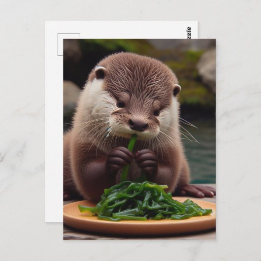 Carte Postale Adorable Otter Manger une salade d'algues (Devant / Derrière)