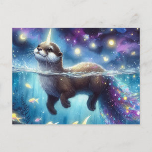 Carte Postale Adorable Otter Unicorne Aquarelle
