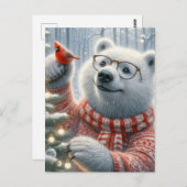 Carte Postale Adorable Ours polaire de Noël et Arbre cardinal (Devant / Derrière)