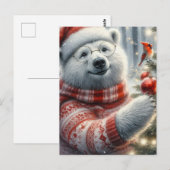 Carte Postale Adorable Ours polaire de Noël et Oiseau cardinal (Devant / Derrière)