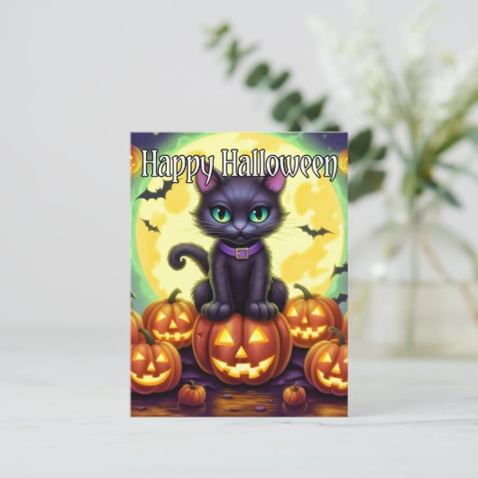 Carte Postale Adorable Petit Chat Kitty | Bonne Halloween (Debout devant)