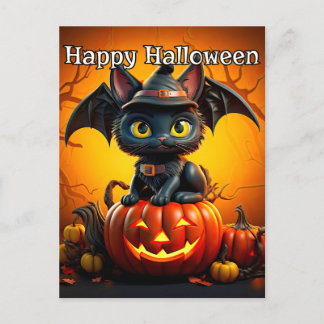Carte Postale Adorable Petit chat Kitty noir | Bonne Halloween