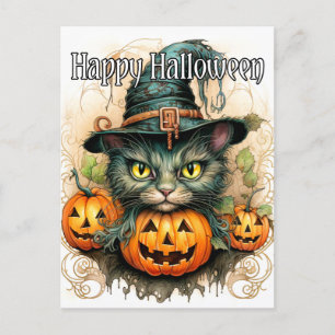Carte Postale Adorable Petit Kitty Chat sorcière Halloween heure