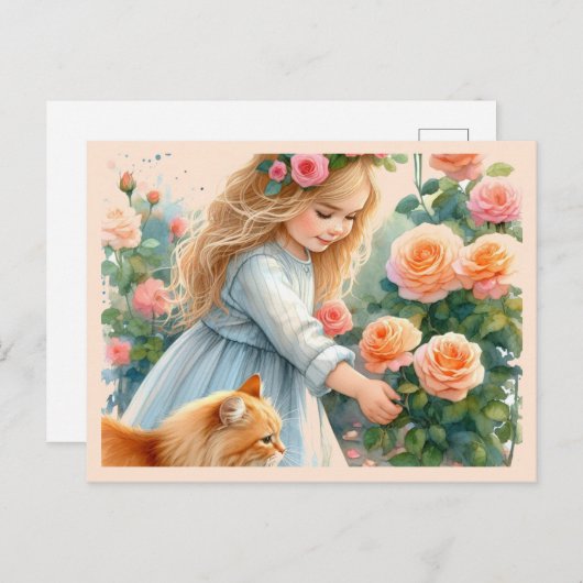 Carte Postale Adorable Petite fille cueillir des Roses avec son (Devant / Derrière)