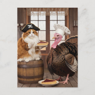 Carte Postale Adorable Pirate Kitty et Dinde Tarte de Thanksgivi
