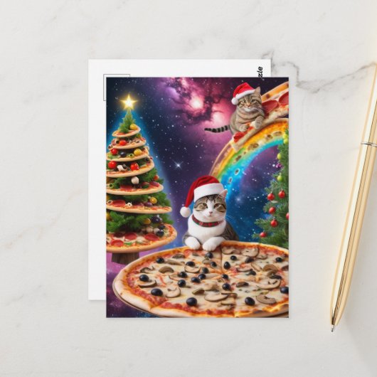 Carte Postale adorable Pizza Cats de Noël (Devant/Arrière en situation)