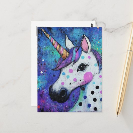 Carte Postale Adorable Polka Dot Unicorn (Devant/Arrière en situation)