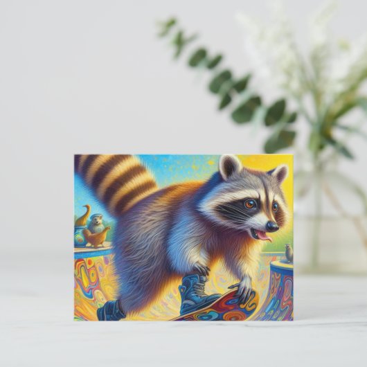 Carte Postale Adorable Raccoon Skateboard (Debout devant)