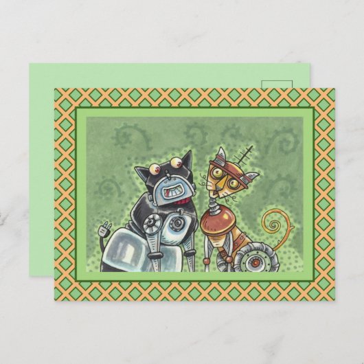 Carte Postale ADORABLE ROBOT BULLDOG & FELINE AMI Funny Blank (Devant / Derrière)