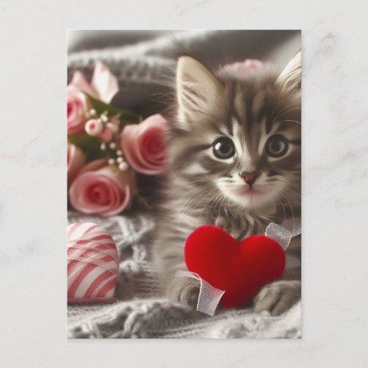 Carte Postale Adorable Saint-Valentin Fluffy Grey Kitten AI Art (Devant)