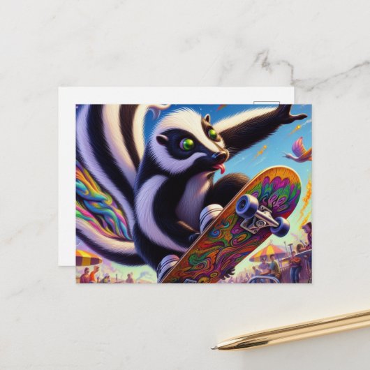 Carte Postale Adorable Skateboard Skunk (Devant/Arrière en situation)