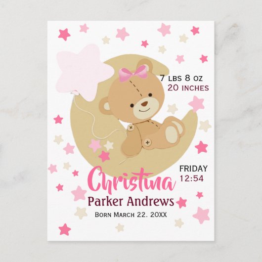 Carte Postale Adorable Teddy Bear Baby Girl Stats de naissance (Devant)