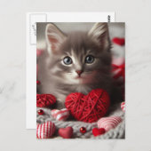 Carte Postale Adorable Valentine Fluffy Grey Kitten avec Coeurs (Devant / Derrière)