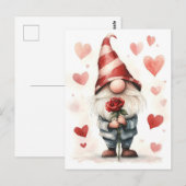 Carte Postale Adorable Valentine's Gnome : avec un Rose (Devant / Derrière)