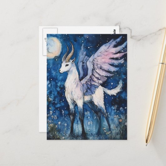 Carte Postale Adorable Winged Fantasy Goat Full Moon (Devant/Arrière en situation)