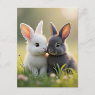 Carte Postale Adorables bébés lapins blancs et noirs dans un pré