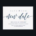 Carte Postale Aesthetic Navy Blue, Save our new date, postponed<br><div class="desc">This is the modern aesthetic design themed,  in  Navy Blue font,  Wedding party invitation Rescheduled (postponed / postponement) postcard (Save our new date) . It is the perfect and elegant way to make the invitation reschedule announcement to your friends and family.</div>