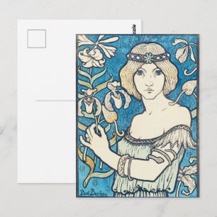 Carte Postale Affiche d'art vintage femme florale bleue Art Nouv