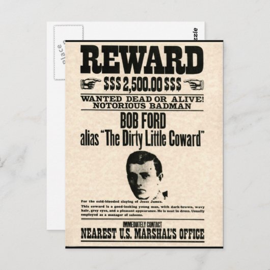 Carte Postale Affiche de récompense BOB FORD (Devant / Derrière)