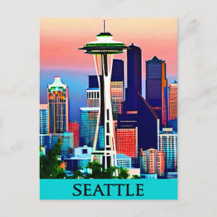 Carte Postale Affiche de voyage de Seattle sous un ciel à l'aube