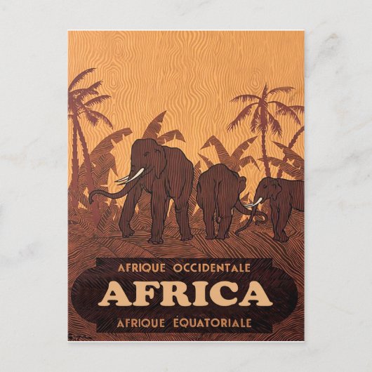 Carte Postale Afrique, Eléphants africains sur les palmiers, vin (Devant)