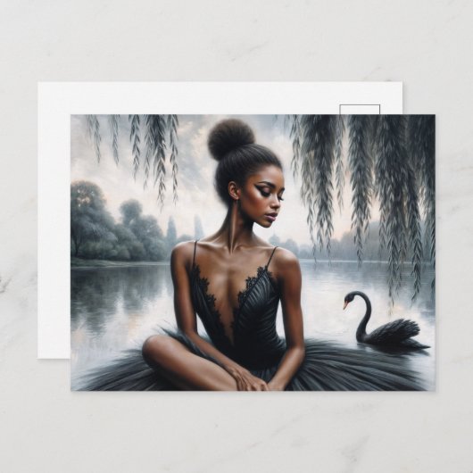 Carte Postale Afro Ballerina en Tutu noir avec Swan Moody Art (Devant / Derrière)