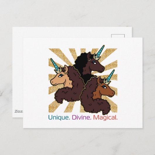 Carte Postale Afro Unicorn Trio : Unique, Divine et Magique (Devant / Derrière)