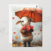 Carte Postale Agneau avec Coeurs et Parapluie (Devant / Derrière)