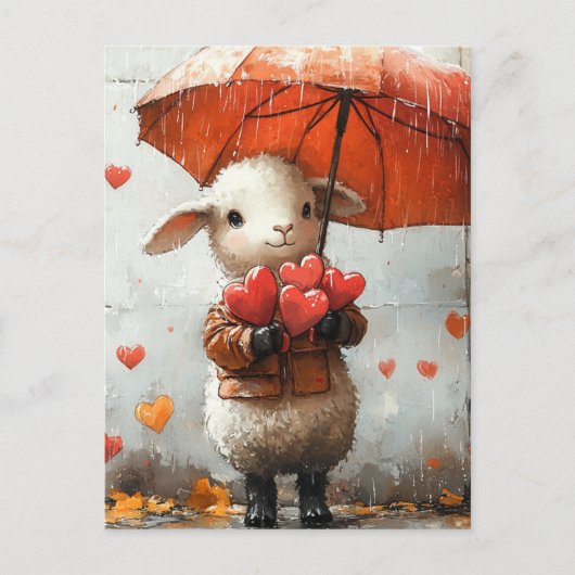 Carte Postale Agneau avec Coeurs et Parapluie (Devant)