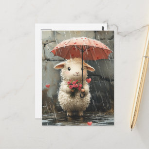Carte Postale Agneau avec des cœurs, des roses et un parapluie