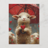Carte Postale Agneau avec parapluie en pluie tenant un coeur (Devant)