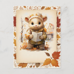 Carte Postale Agneau d'aquarelle d'automne tenant une lettre -