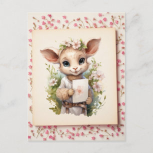 Carte Postale Agneau d'aquarelle mignonne tenant une lettre -