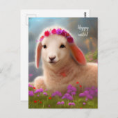 Carte Postale Agneau de Pâques mignon avec fleurs - Pâques (Devant / Derrière)
