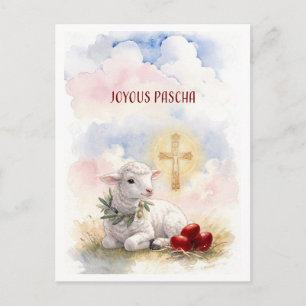 Carte Postale Agneau joyeux de Pâques, œufs rouges et croix