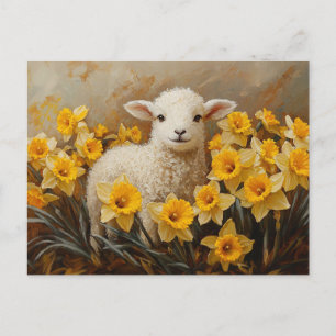 Carte Postale Agneau mignon avec Daffodils Jaunes Peinture