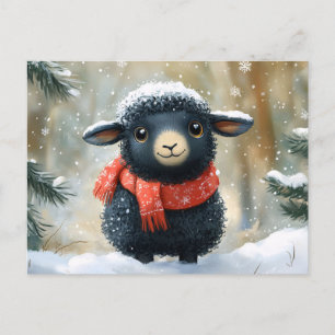 Carte Postale Agneau Noir Adorable Avec Écharpe Rouge